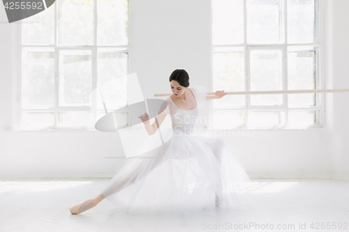 Image of Young and incredibly beautiful ballerina is posing and dancing in a white studio