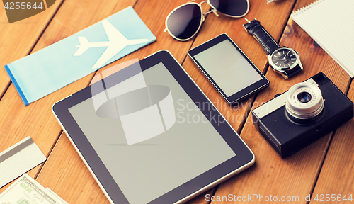 Image of close up of smartphone and travel stuff