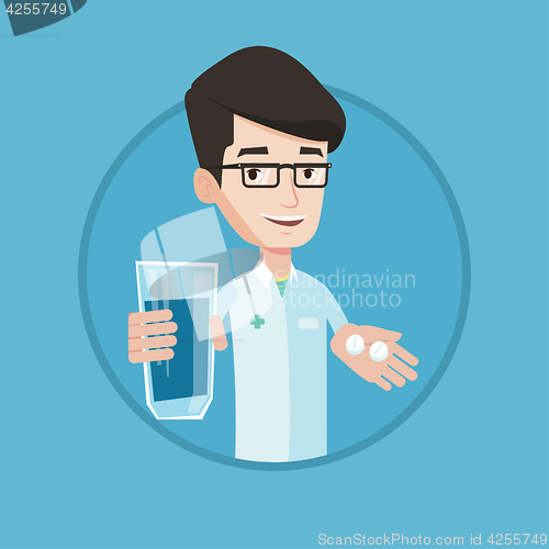 Image of Pharmacist giving pills and glass of water.