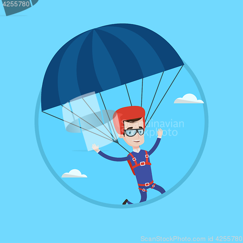 Image of Young happy man flying with parachute.