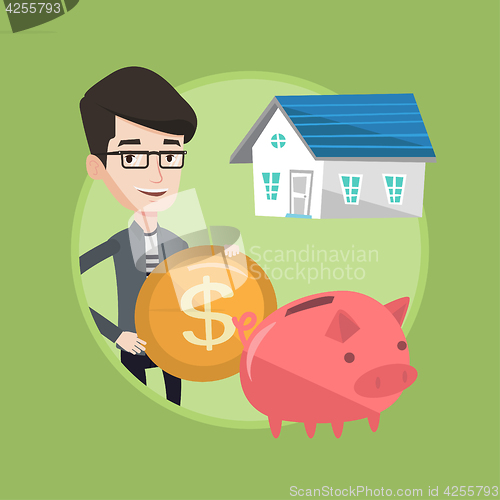 Image of Man puts money into piggy bank for buying house.