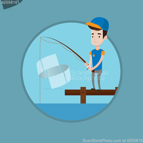 Image of Man fishing on jetty vector illustration.