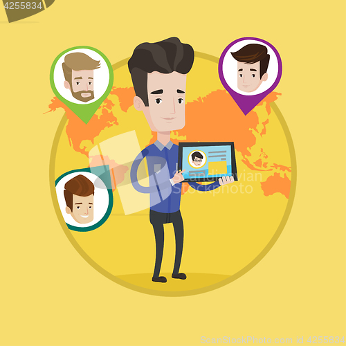 Image of Man holding tablet with social network.