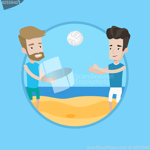 Image of Two men playing beach volleyball.