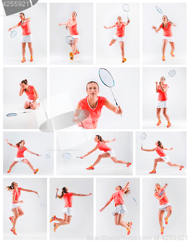 Image of Young woman playing badminton over white background