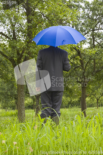 Image of Businessman with blue umbrella