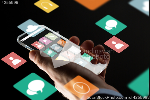 Image of close up of businessman hand with glass smartphone