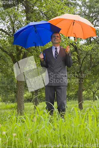 Image of Businessman with blue and orange umbrellas