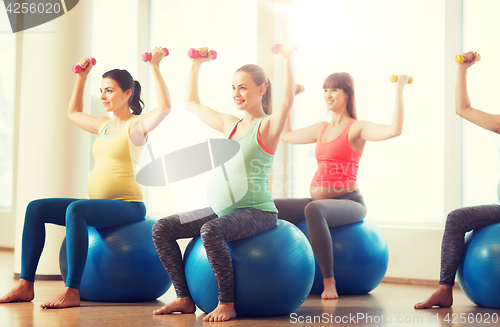 Image of happy pregnant women exercising on fitball in gym