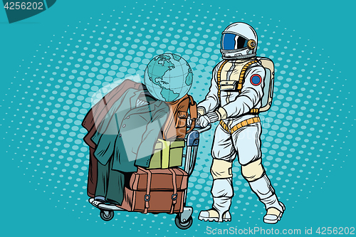 Image of Astronaut traveler with baggage cart