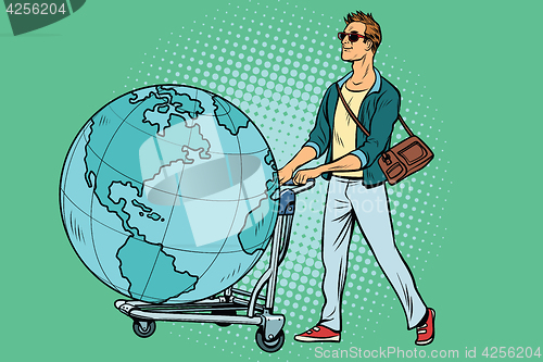 Image of man tourist with a Luggage cart with the planet Earth