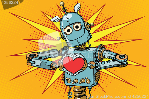 Image of Robot lover with a red heart, symbol of love