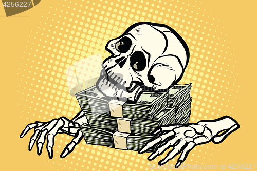 Image of skeleton skull dollar money, wealth and greed