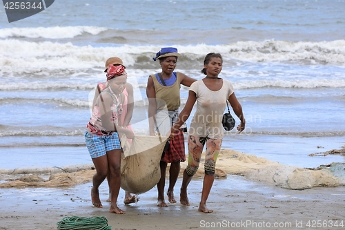 Image of Native Malagasy fishermen fishing on sea, Madagascar