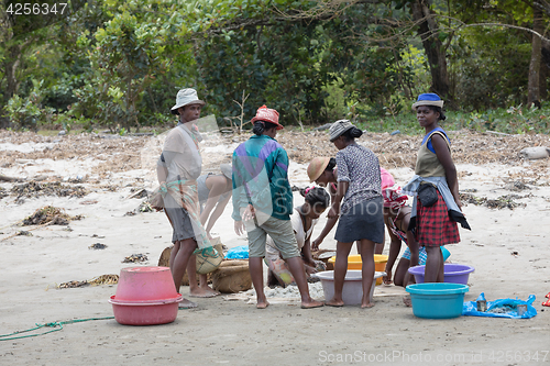 Image of Native Malagasy fishermen fishing on sea, Madagascar