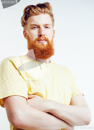 Image of portrait of young bearded hipster guy smiling on white background close up isolated, lifestyle real modern people concept