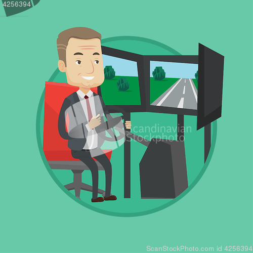 Image of Man playing video game with gaming wheel.