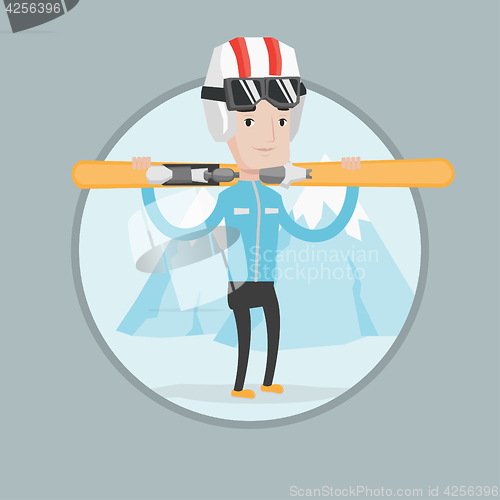 Image of Man holding skis vector illustration.