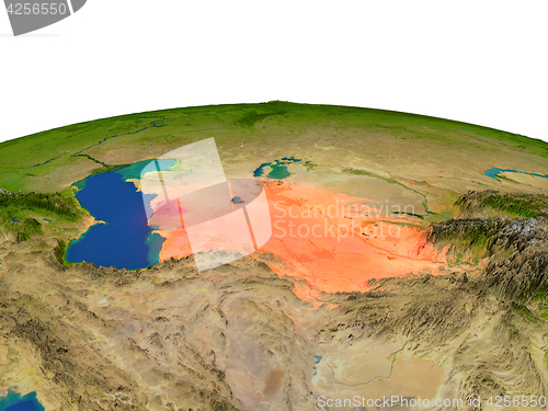 Image of Turkmenistan in red from orbit