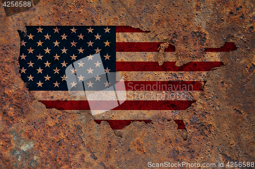 Image of Map and flag of the USA on rusty metal