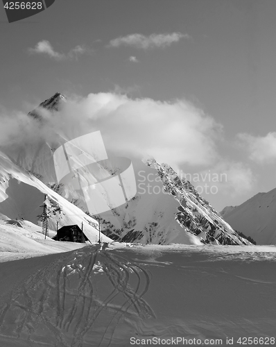 Image of Black and white view on hotel at ski resort in winter