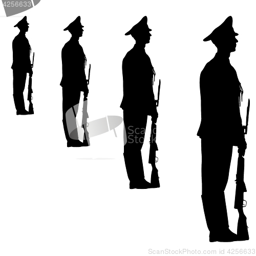 Image of Black silhouette soldier is marching with arms on parade