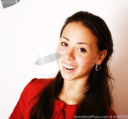 Image of young pretty brunette woman smiling happy on white background, l