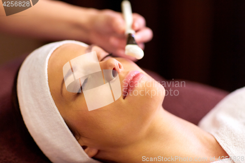 Image of beautician applying facial mask to woman at spa