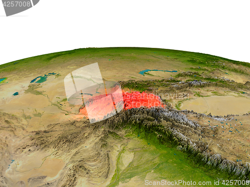 Image of Tajikistan in red from orbit