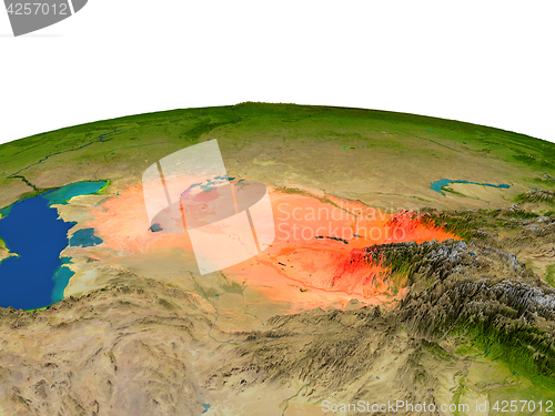 Image of Uzbekistan in red from orbit
