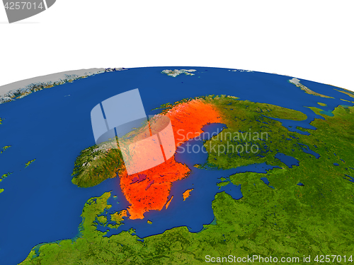 Image of Sweden in red from orbit