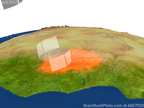 Image of Burkina Faso in red from orbit