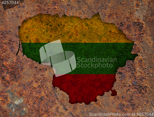 Image of Map and flag of Lithuania on rusty metal