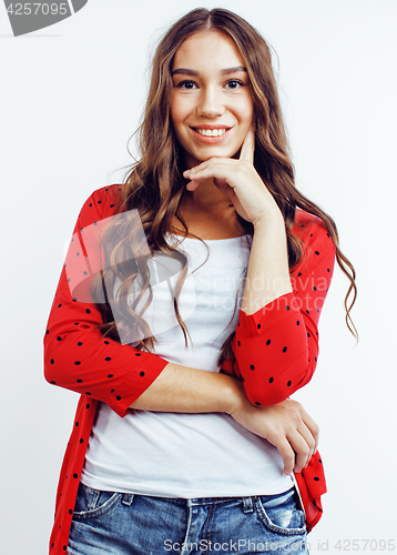 Image of young pretty teenage hipster girl posing emotional happy smiling on white background, lifestyle people concept 