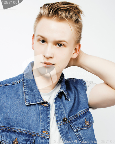 Image of young handsome teenage hipster guy posing emotional, happy smiling against white background isolated, lifestyle people concept 
