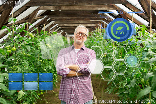 Image of happy senior man at farm greenhouse