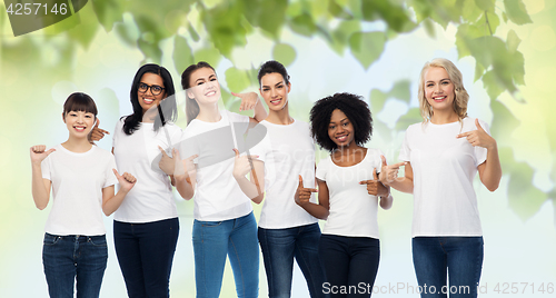 Image of international volunteer women in white t-shirts