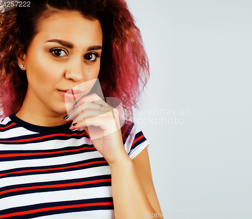 Image of young happy smiling latin american teenage girl emotional posing on white background, lifestyle people concept 