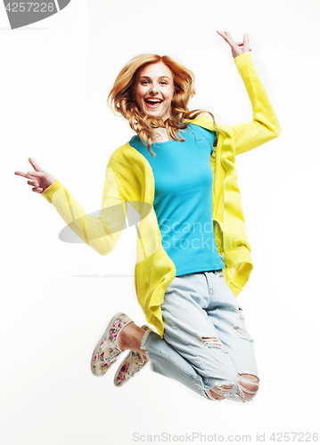 Image of young pretty jumping ginger woman posing cheerful emotional isolated on white background, lifestyle people concept