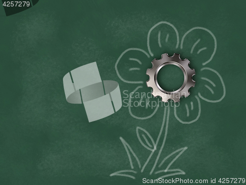 Image of gear wheel on chalkboard with flower - 3d rendering