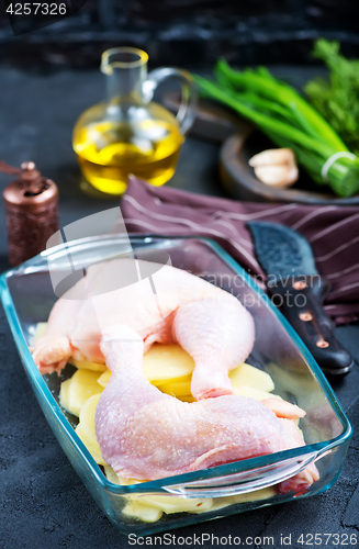 Image of raw chicken legs and potato 