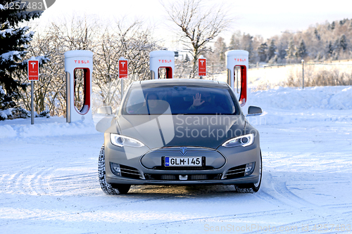 Image of Tesla Model S Electric Car in Winter