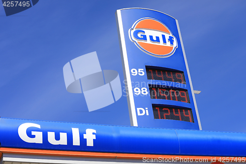 Image of Gulf Service Station Sign with Fuel Prices