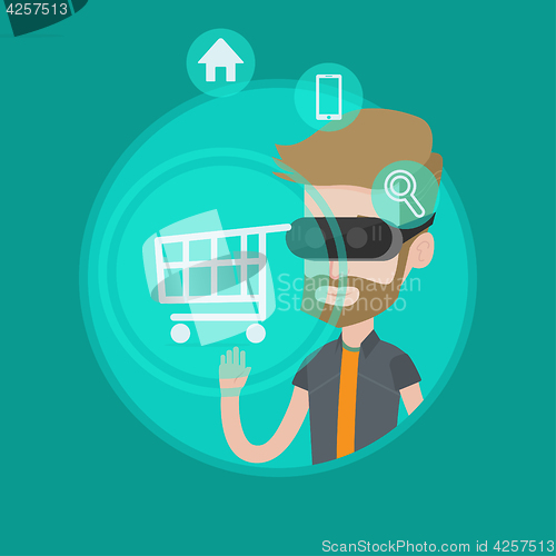 Image of Man in virtual reality headset shopping online.