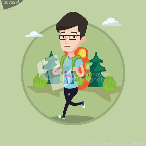 Image of Man with backpack hiking vector illustration.