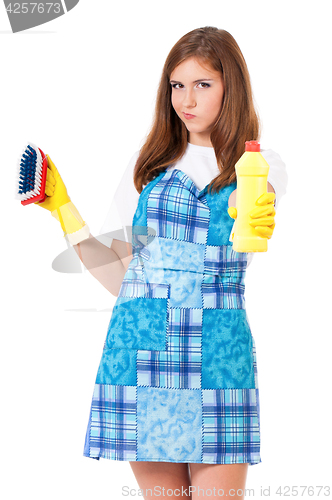 Image of Housewife with cleaning supplies