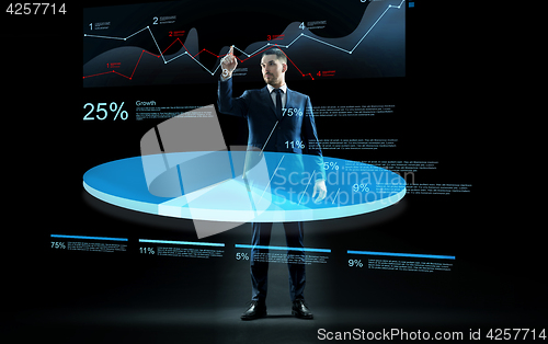 Image of businessman working with virtual chart hologram