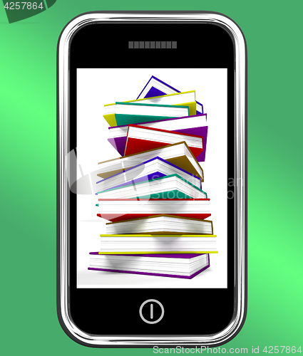 Image of Mobile Phone With Books Shows Online Knowledge