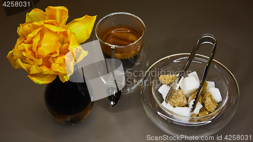 Image of Cup of espresso coffee, sugar and yellow tulip.