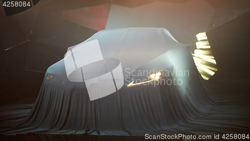 Image of Close up of a new car hidden under cover.